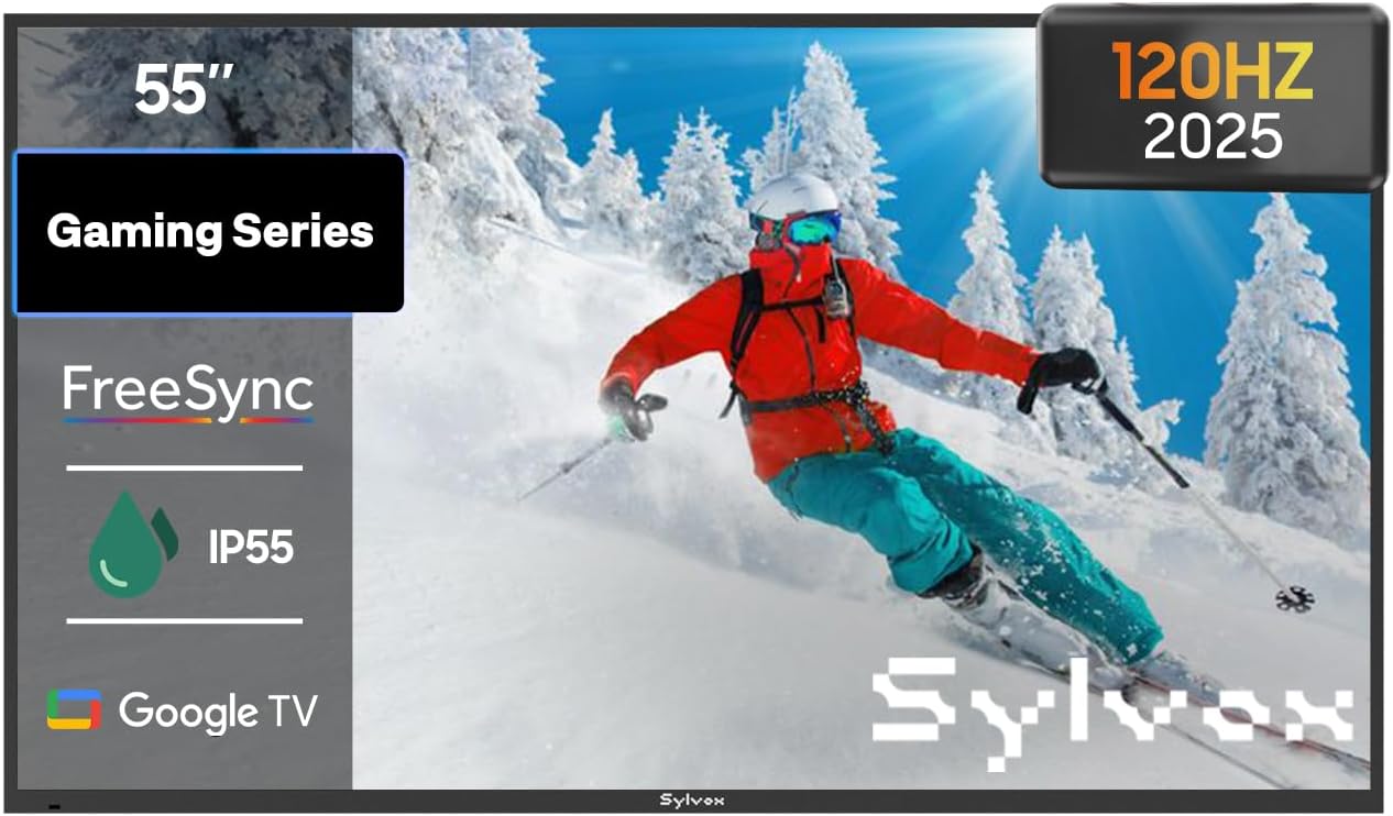 SYLVOX 55'' Outdoor TV, Premium 4K@120Hz Weatherproof TV for Smoother Sports & Gaming, Waterproof, 1000nits Brightness, Dolby Atmos, Google Smart OS with HDMI 2.1 & USB 3.0 (Gaming Series)