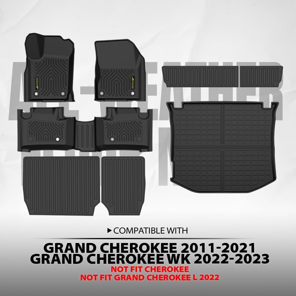 ALLGOOD TPE Floor Mats Cargo Liners Fit Jeep Grand Cherokee 2011-2021 Fit Jeep Grand Cherokee WK 2022-2023 8PCS Rear Trunk Mat & Backrest Mat All Weather Protection Black Alfombras para Carro