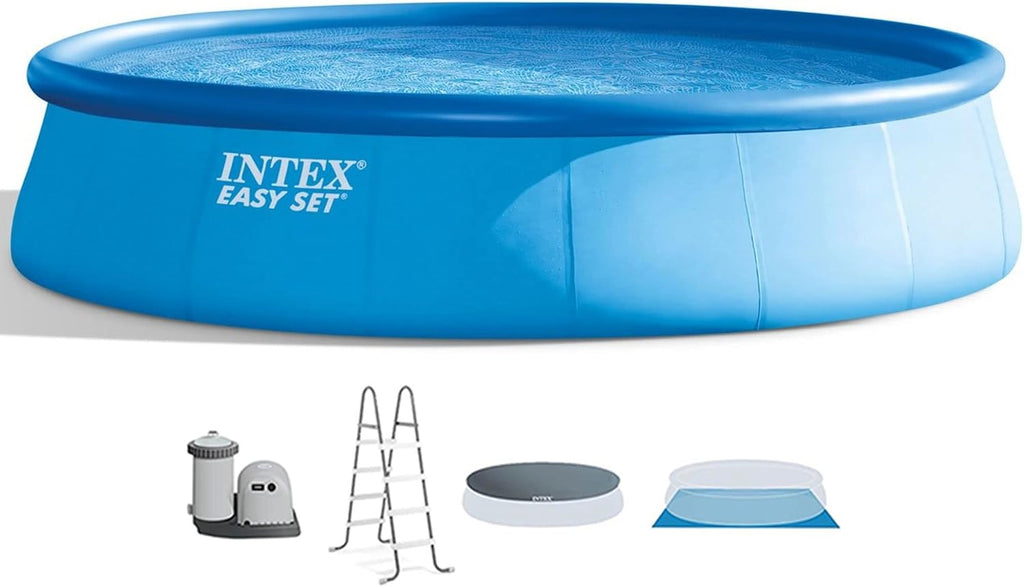 Intex Easy Set 18' x 48' Round Inflatable Above Ground Swimming Pool Set with Filter Pump, Ladder, Pool Cover, and Filter Cartridges (6 Pack)