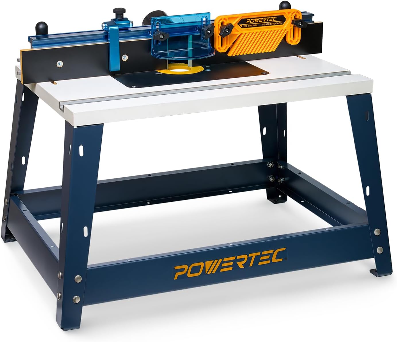 POWERTEC Benchtop Router Table with Steel Stand and Adjustable Fence – 24' x 16' MDF Laminated Top, Insert Plate, 2-1/2' Dust Port, Fence Stop, Featherboard & Additional Accessories (71402V)