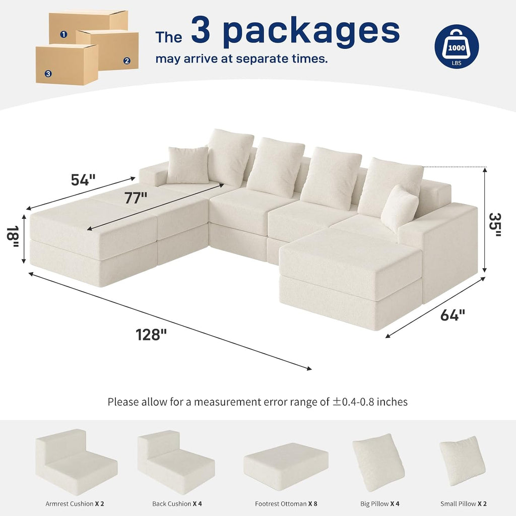 Living&Giving 128' U-Shaped Cloud Sectional Couch for Living Room, Cloud Boneless Couch-No Assembly with Reversible Chaise, Customizable 4-Seat Modular Sectional Sofa with 3 Ottoman, Beige
