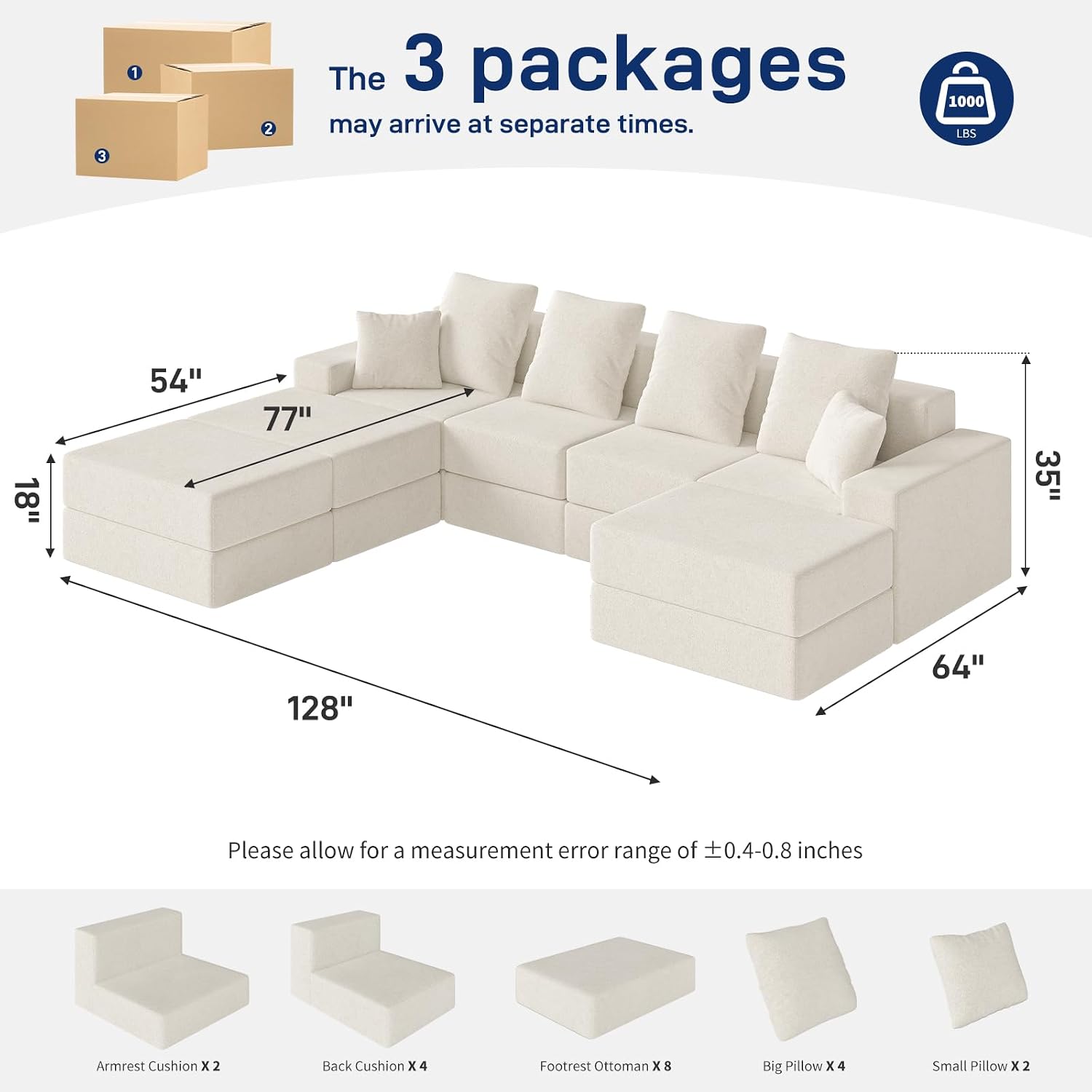 Living&Giving 128' U-Shaped Cloud Sectional Couch for Living Room, Cloud Boneless Couch-No Assembly with Reversible Chaise, Customizable 4-Seat Modular Sectional Sofa with 3 Ottoman, Beige