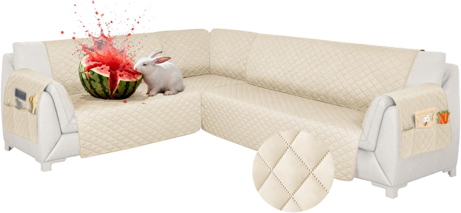 Waterproof Sectional Couch Covers L Shape Sectional Sofa Covers for Pets Washable Non-Slip 6PCS U Shaped Sofa Slipcovers Dog Couch Cover Corner Furniture Protector (X-Large, Beige)