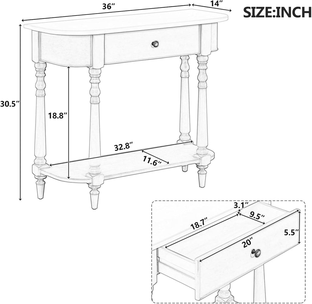 Retro Curved Console Table, 36' Solid Wood Half Moon Console Table Sofa Table Entryway Table with 1 Drawer 1 Open Shelf Roman Legs Curved Corners for Living Room,Entryway,Hallway,White+Beige
