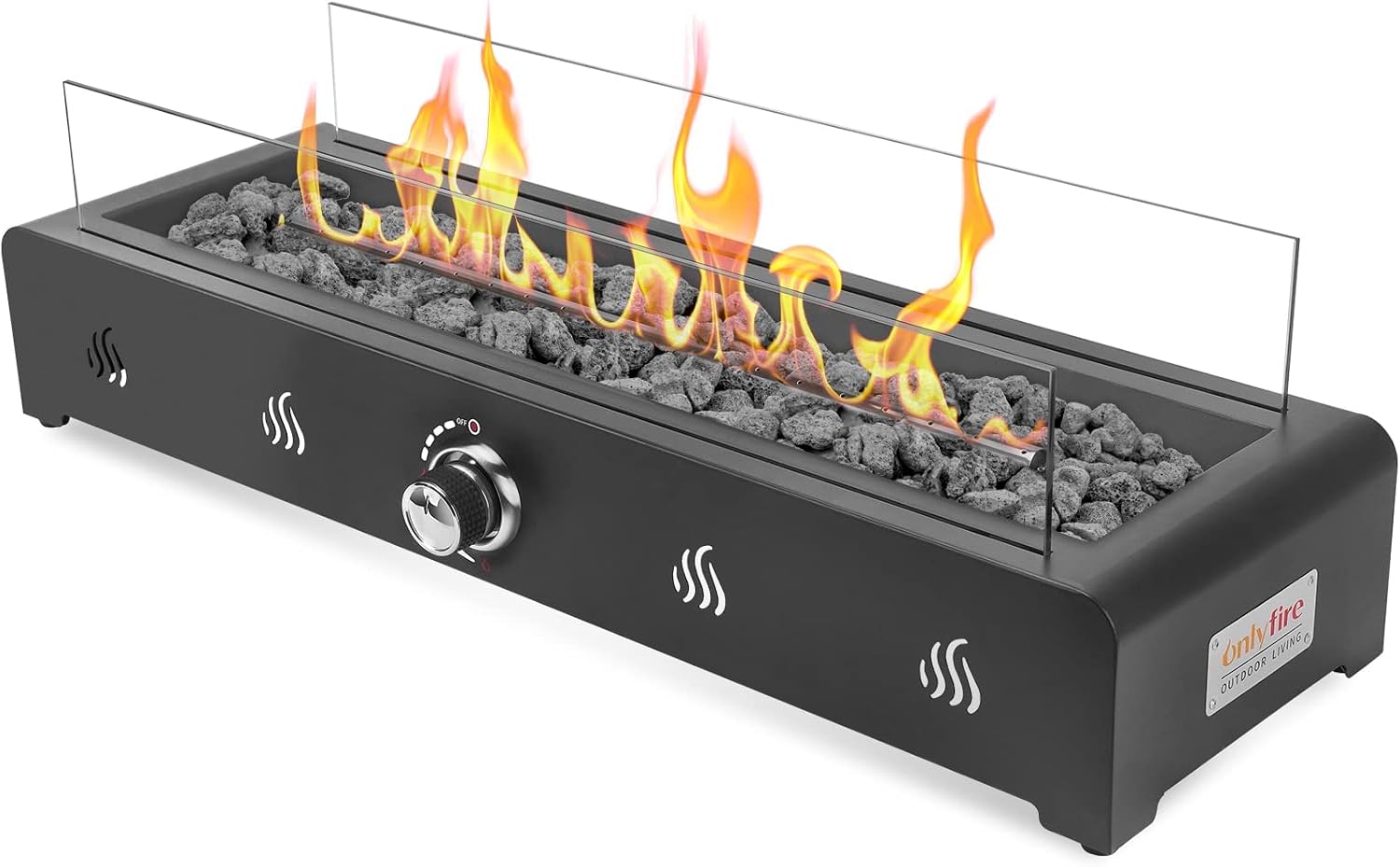 Onlyfire 28'' Tabletop Fire Pit with Cover, Propane Gas Fireplace with Rear Air Inlet, Glass Wind Guard and Lava Rock, Outdoor Patio Rectangular Smokeless Fire Table