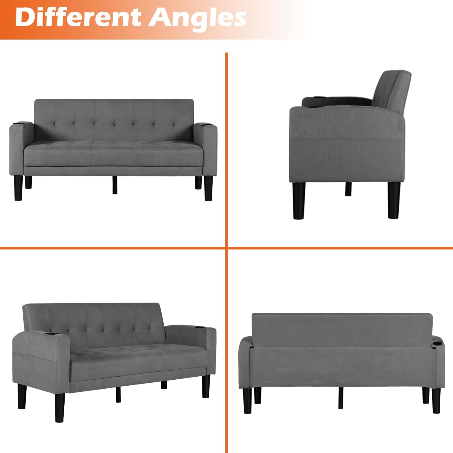 AILEEKISS 62' Loveseat Couches Upholstered Fabric Linen Love Seat Sofas Couch with 2 USB, Cup Holders, Side Pocket, Modern Tufted Sofa for Living Room, Office, Bedroom, Apartment (2-Seat, Dark Grey)