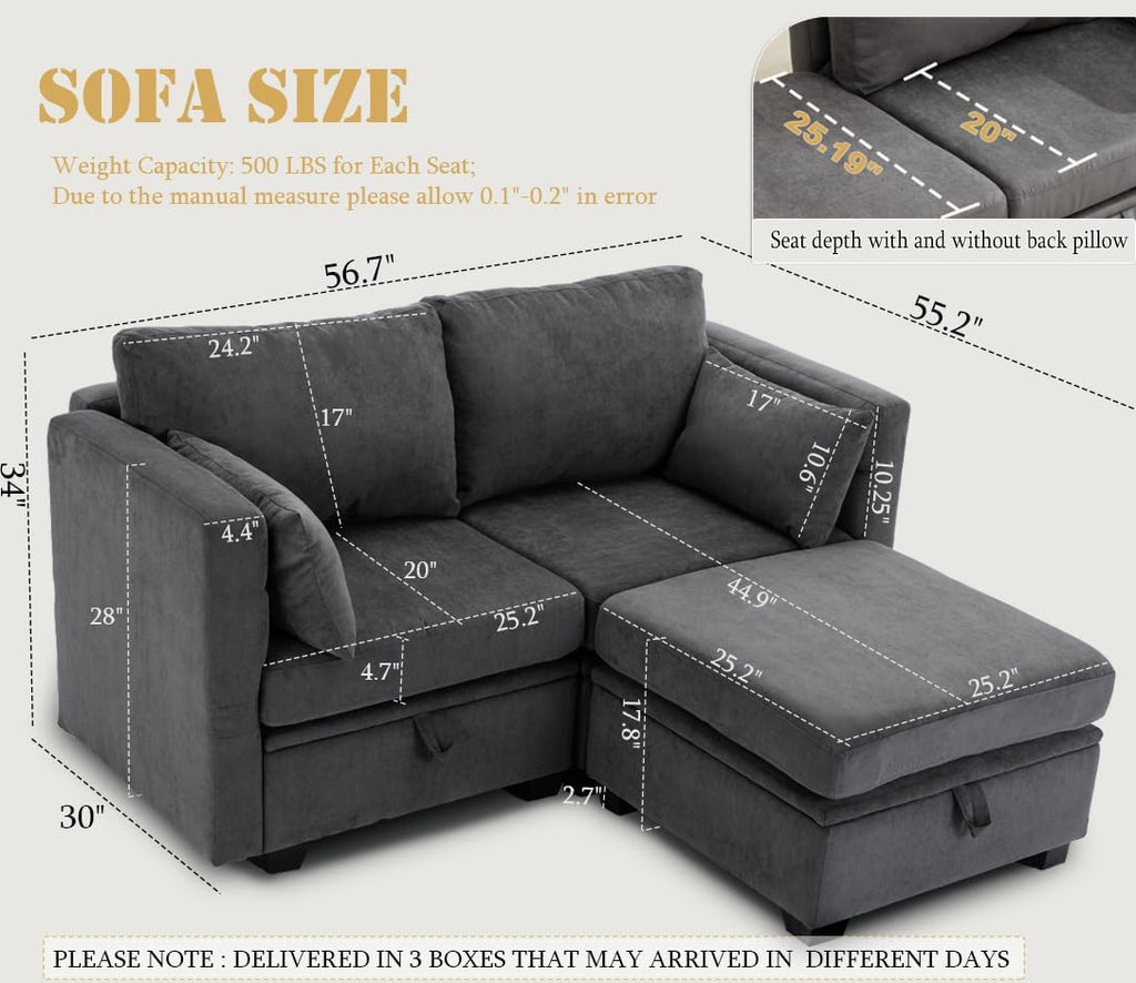 asunflower Loveseat with Ottoman Small Couch with Storage Seats Modular Loveseat Sofa for Small Spaces Convertible L Shaped 2 Seater Sectional Sofa for Office,Bedroom,Dorm(Dark Grey)