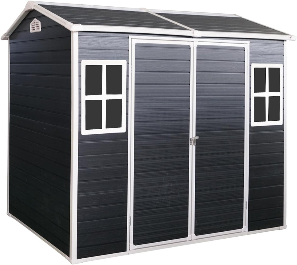 8x4ft Resin Outdoor Storage Shed: Double Doors & Two Windows, Heavy-Duty Plastic Shed with Floor, Waterproof UV-Proof Garden Tool Storage for Backyard, Patio, Yard, Lawn