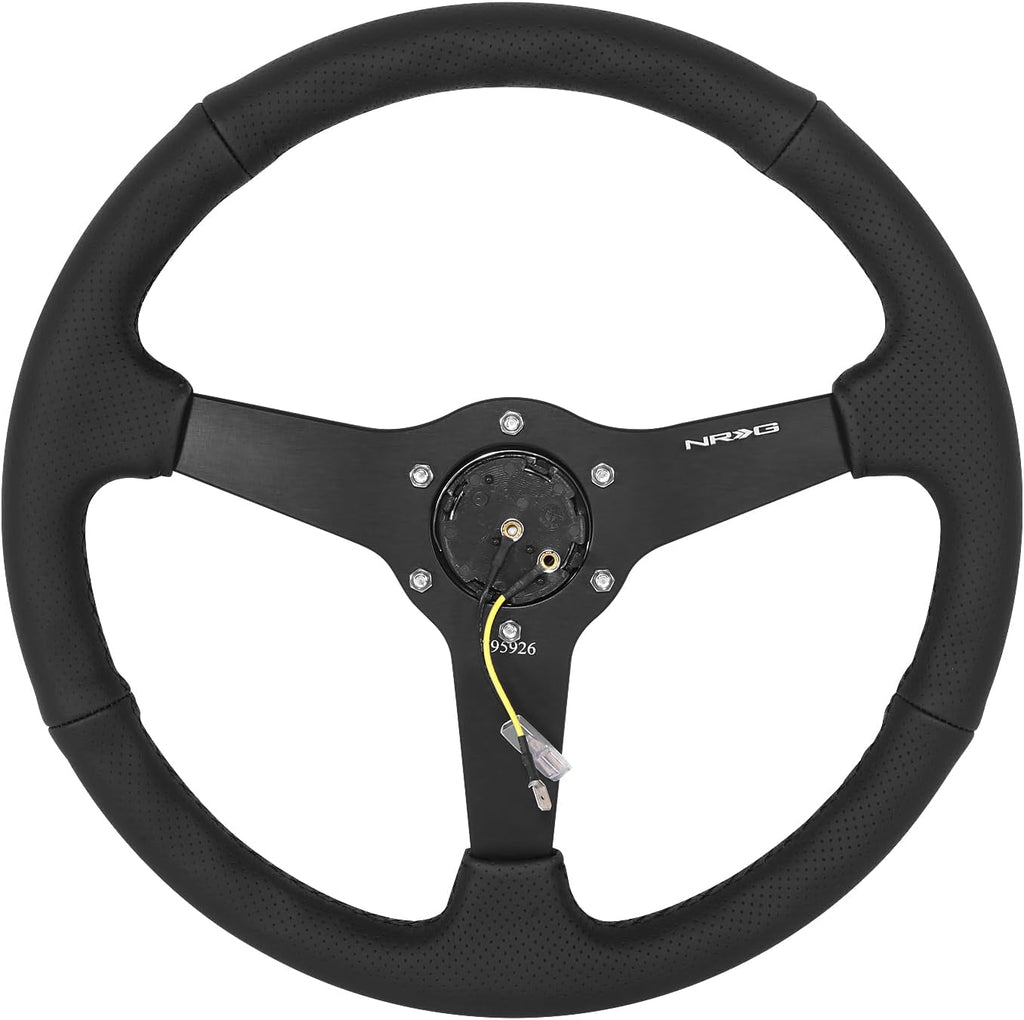 NRG Innovations RST-037MB-BGD-R 350mm Sport Steering Wheel (1.5' deep) Perforated Leather with Goal Digger Black stitching in front - Matte Black Solid Spokes