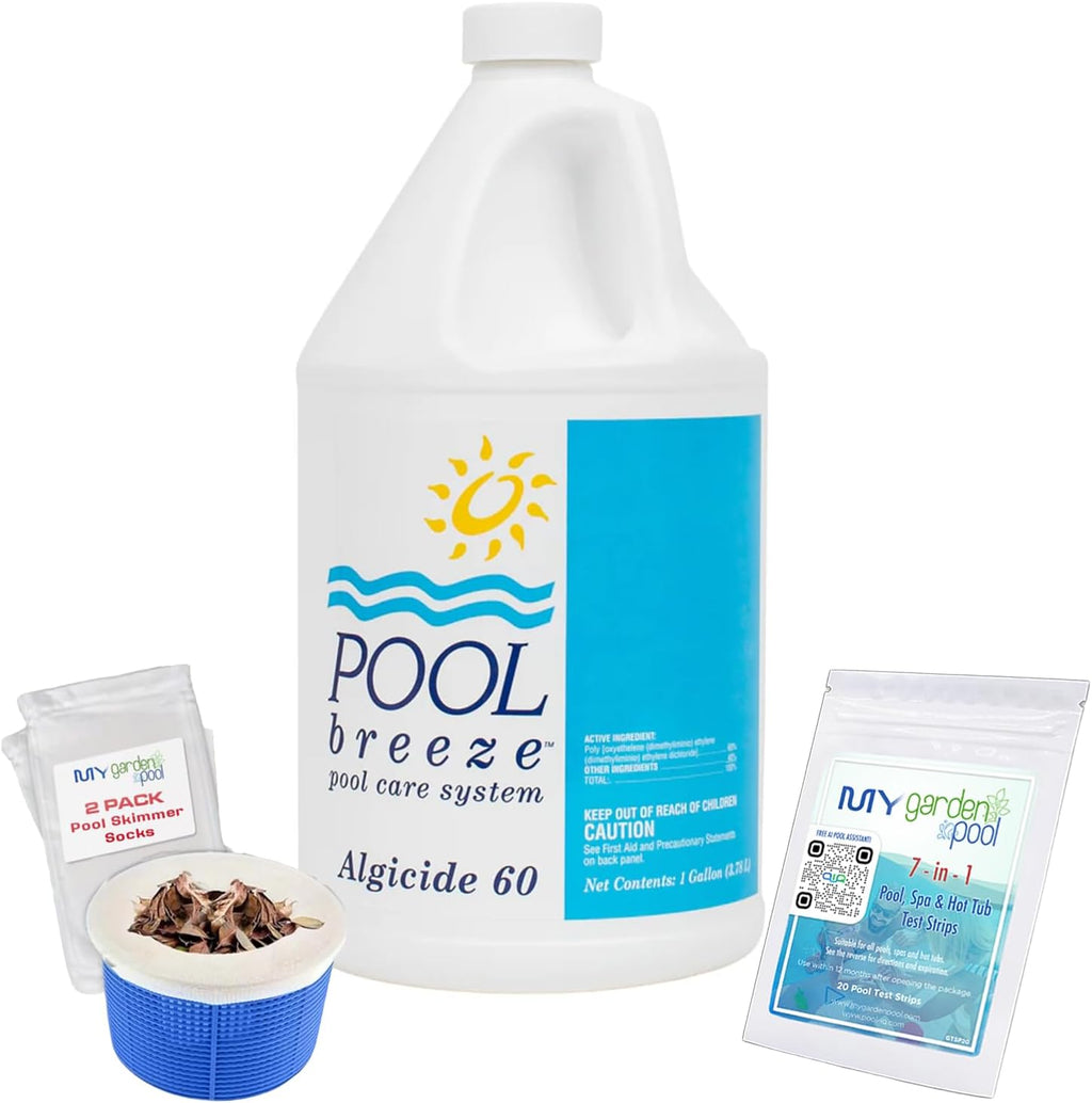 Pool Breeze Algicide 60 88421 – 1 Gal – Long Lasting Algae Control – with My Garden Pool 7 in 1 Test Strips & Scum Socks