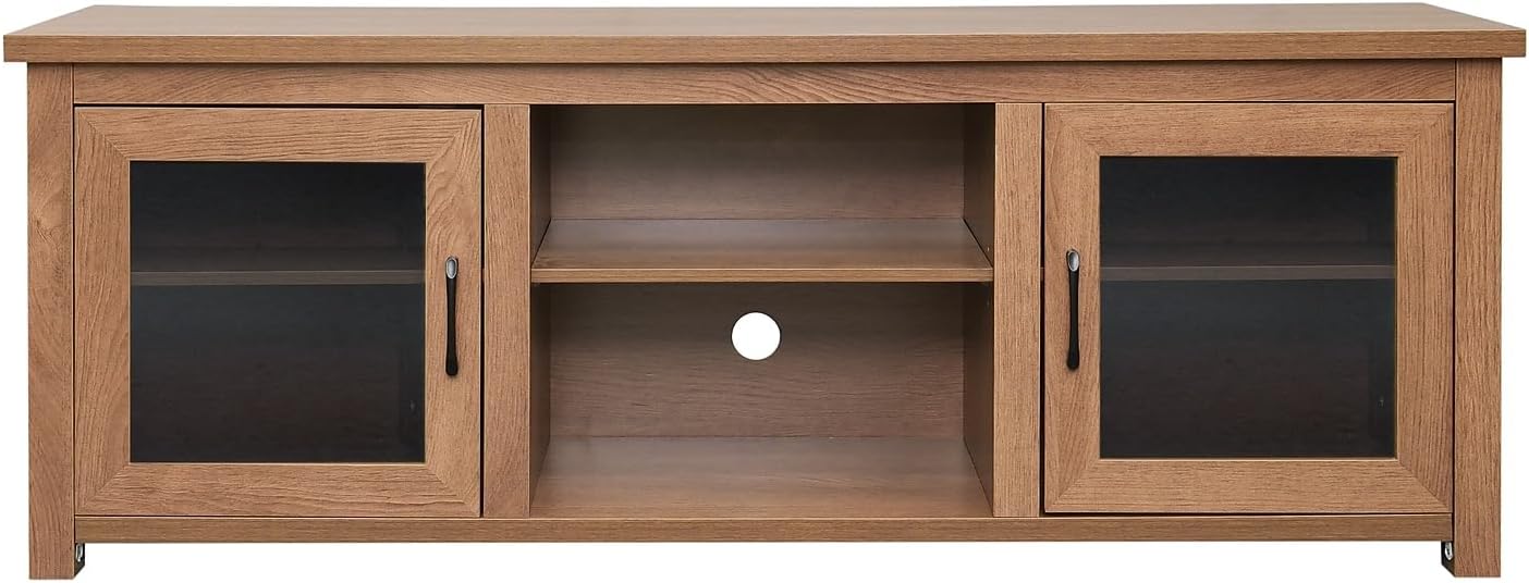Flash Furniture Sheffield TV Stand for up to 80' TVs - Modern Walnut Finish & Full Glass Doors - 65' Engineered Wood Frame - 3 Height Adjustable Shelves