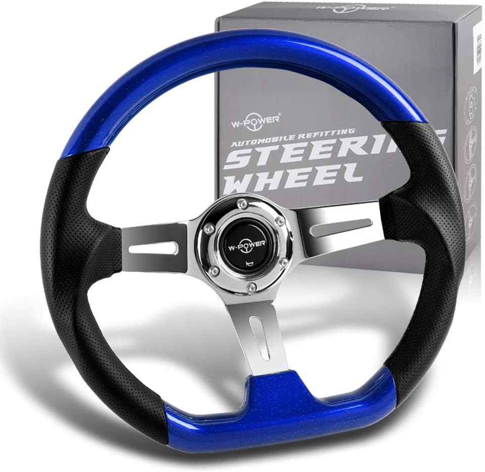 W Power Exclusive 13.5' Pearl Blue Wood Grip 6 Lug Bolt Hole Chrome 3-Spoke Vintage Steering Wheel