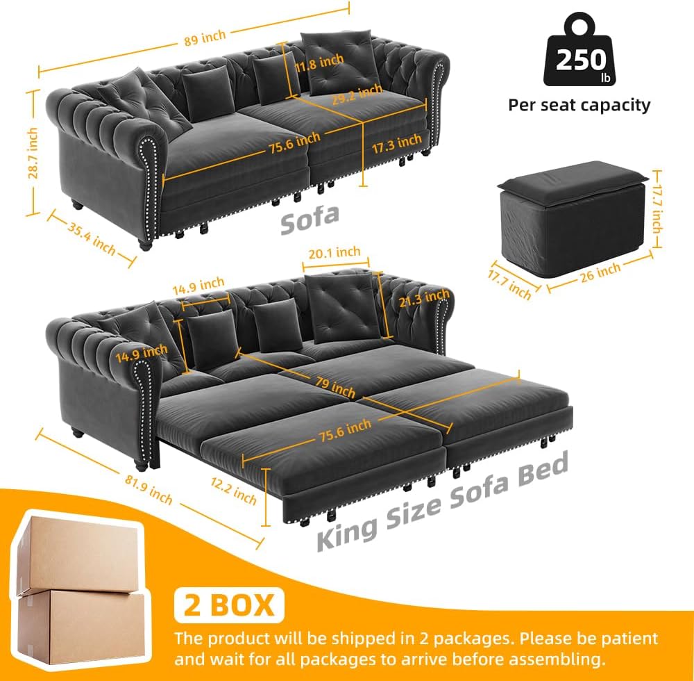 89' King Size Sleeper Sofa Bed, 3-in-1 Convertible Pull Out Chesterfield Sleeper Couch with Ottoman, Oversized Velvet Button Tufted L Shaped Sofa for Living Room Small Spaces, Grey