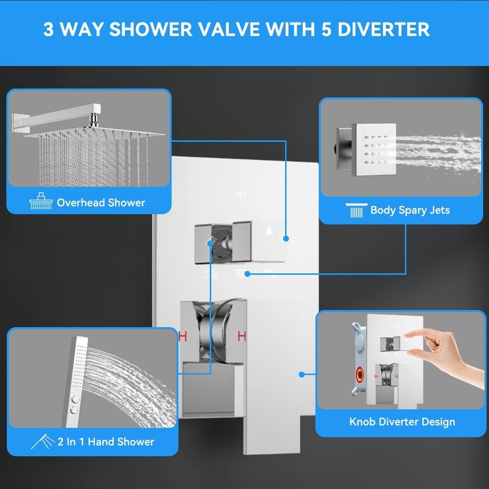 Shower System with 6 Body Jets, STARBATH 12 Inch Rainfall Shower and Handheld Spray, Wall Mounted Full Body Shower System Rough-in Mixer Pressure Balance Valve Shower Faucet Set Complete, Chrome