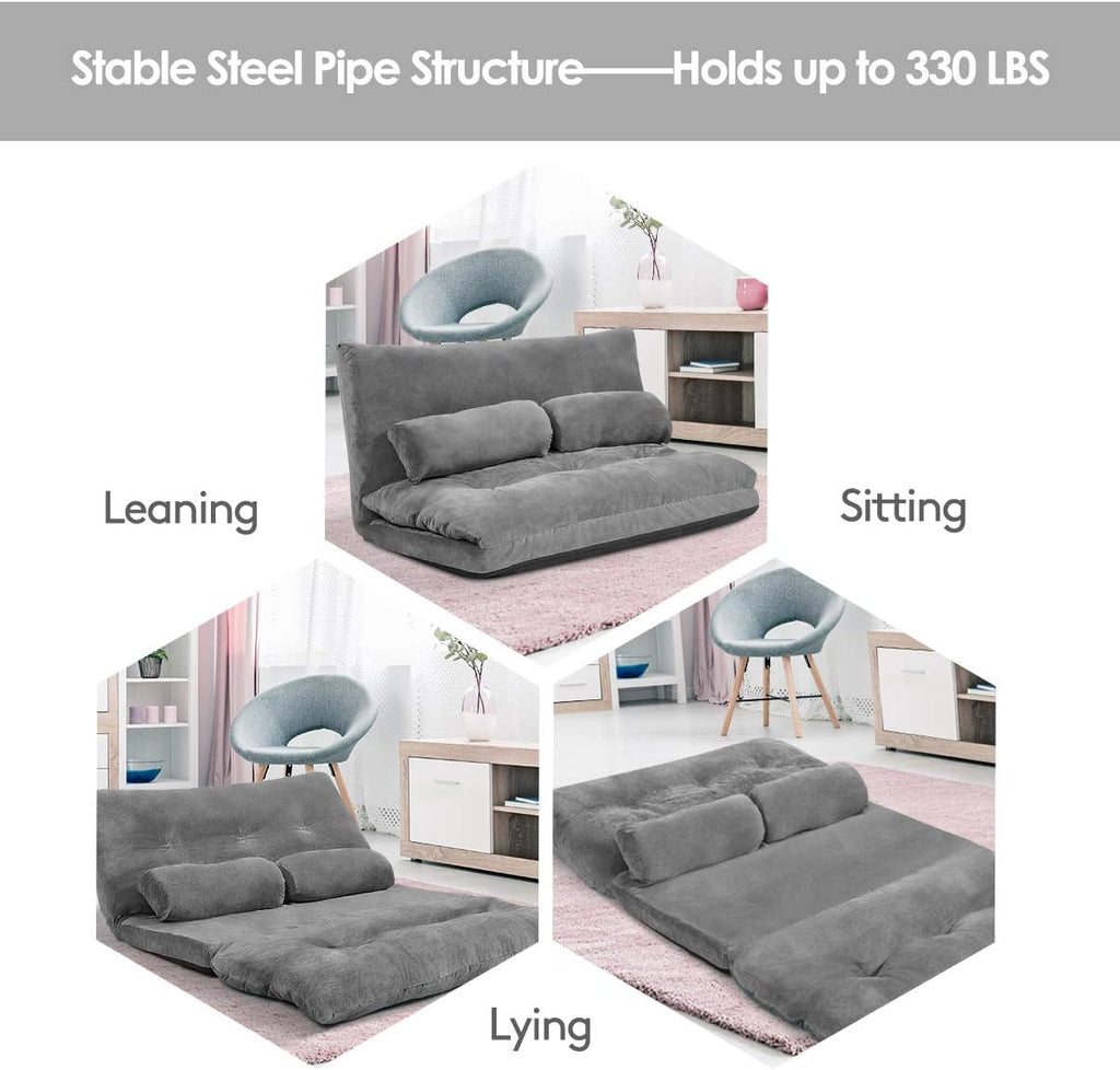 Giantex Adjustable Floor Sofa Couch with 2 Pillows, Multi-Functional 6-Position Foldable Lazy Sofa Sleeper Bed, Multi-Functional Suede Floor Seating Sofa for Reading Gaming (Gray)