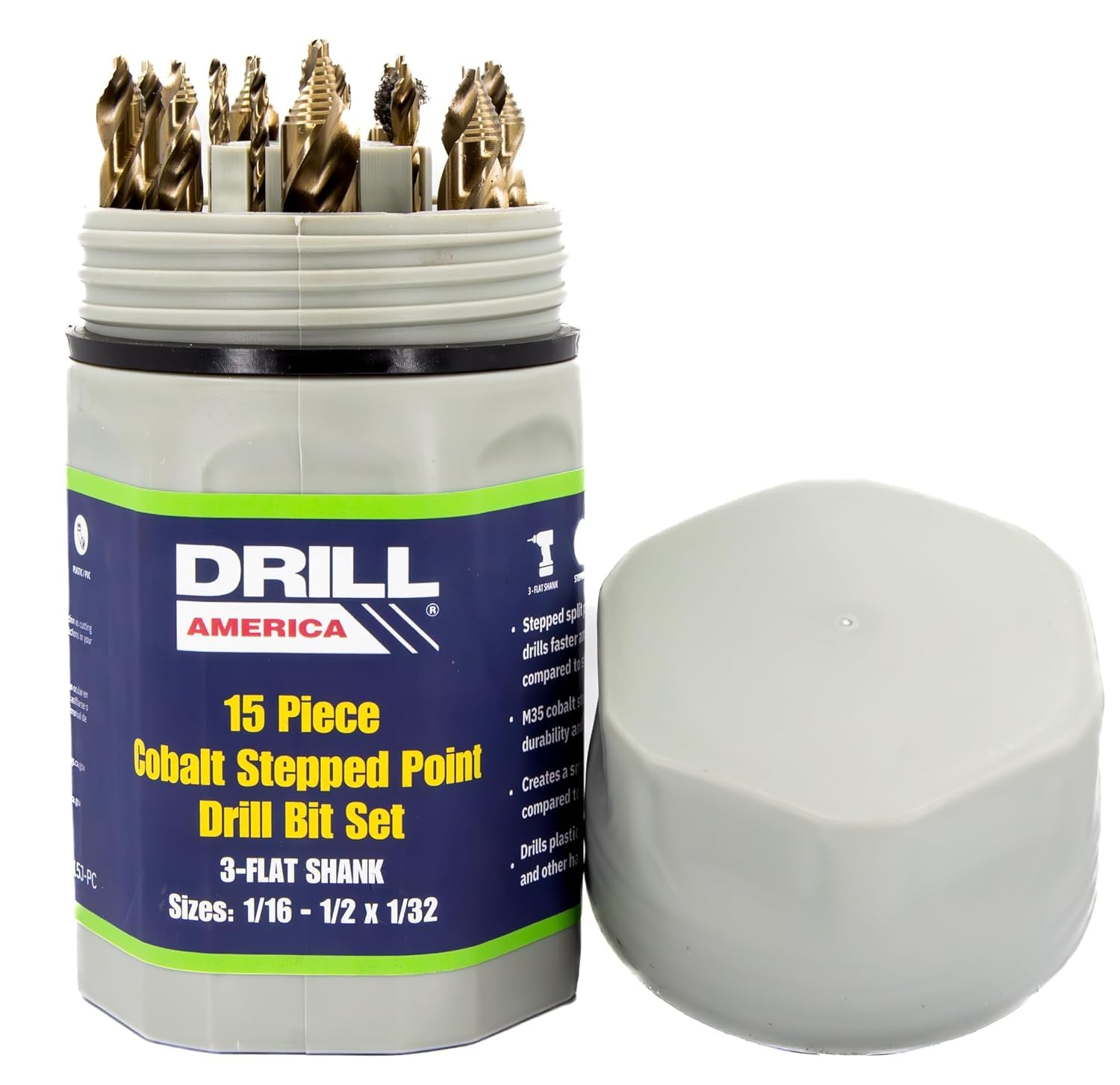 Drill America 15 Piece Cobalt Stepped Point Drill Bit Set in Round Case w/Gold Oxide Finish for Drilling Acrylic, Steel, Hard Metals, Sizes 1/16' to 1/2' x 32nds