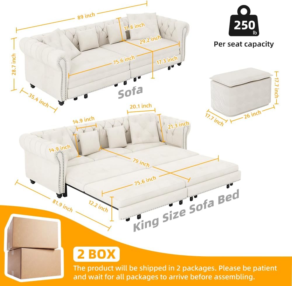 89' King Size Sleeper Sofa Bed, 3-in-1 Convertible Pull Out Chesterfield Sleeper Couch with Ottoman, Oversized Velvet Button Tufted L Shaped Sofa for Living Room Small Spaces, Beige White