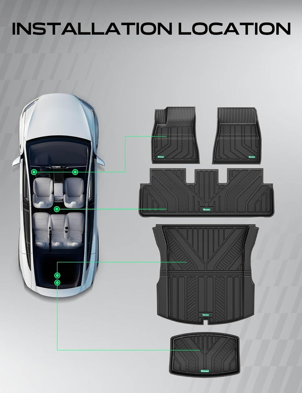 YHTAUTO Floor Mats & Cargo Liners Compatible with Tesla Model 3 Highland 2024 2025 2026, TPE Floor Liners All Weather Custom Fit, 1st & 2nd Row & Cargo Trunk Mat & Lower Storage Mat, Set of 5, Black