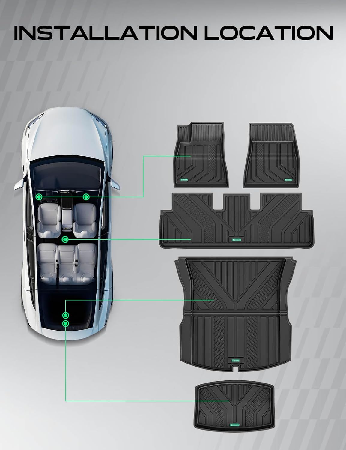 YHTAUTO Floor Mats & Cargo Liners Compatible with Tesla Model 3 Highland 2024 2025 2026, TPE Floor Liners All Weather Custom Fit, 1st & 2nd Row & Cargo Trunk Mat & Lower Storage Mat, Set of 5, Black