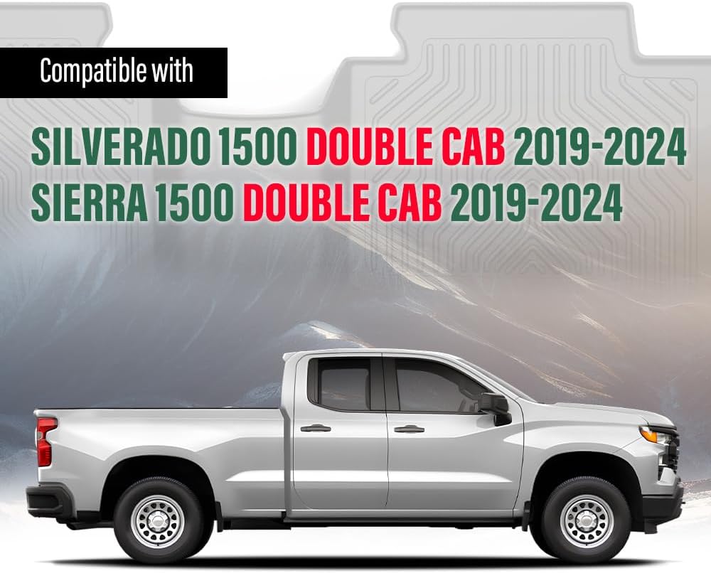 GRAND ORANGE 1st & 2nd Row Black 2PCS Floor Mats Fit Chevy Silverado GMC Sierra 1500 Double Cab 2019-2024 TPE All Weather Protection Interior Accessories Floor Liners Black Alfombras para Carro
