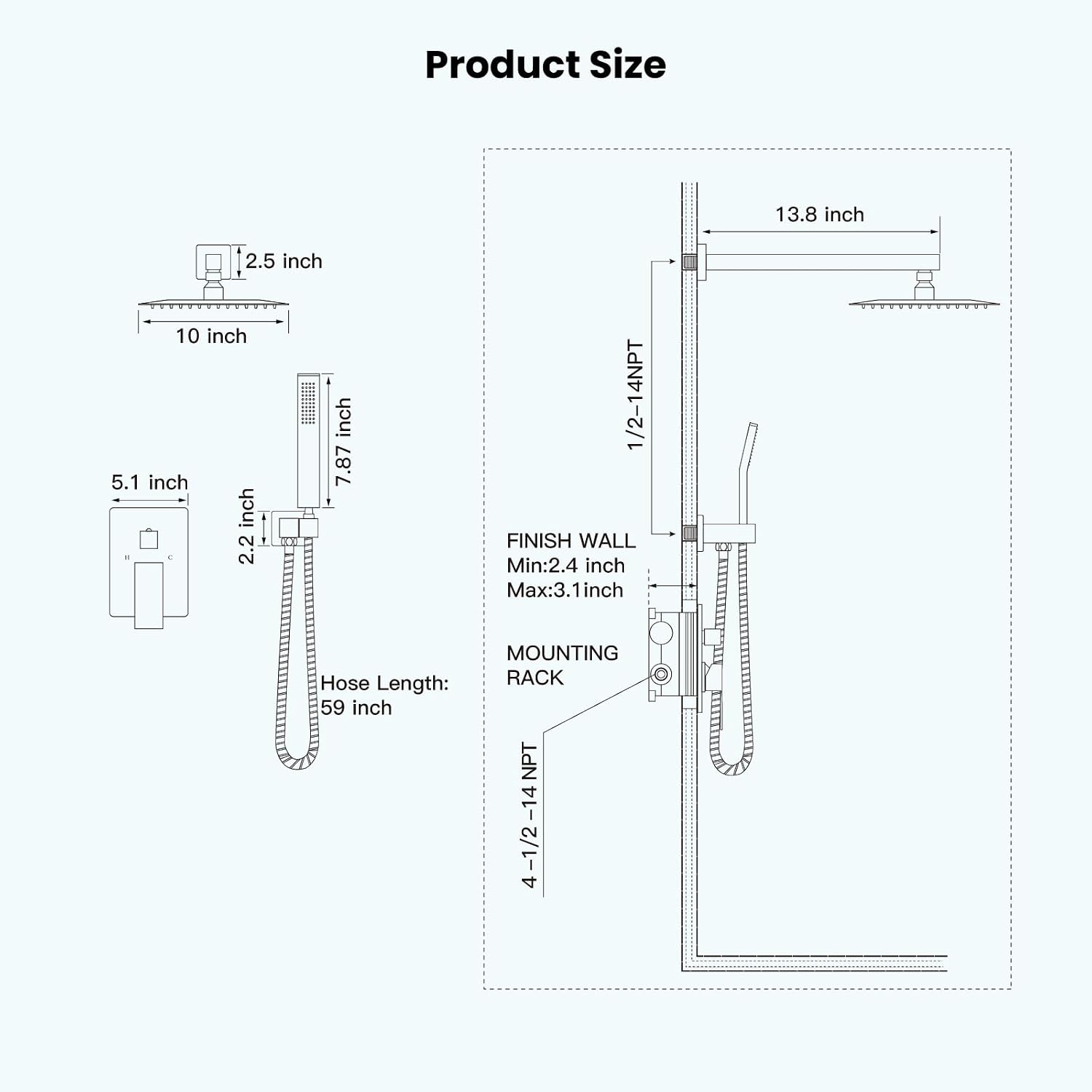 gotonovo Rainfall Bathroom Shower System Rain Shower Head and Handle Set Wall Mounted Shower Complete Combo Solid Brass Pressure Balancing Shower Mixer Valve 10 Inch Brushed Gold