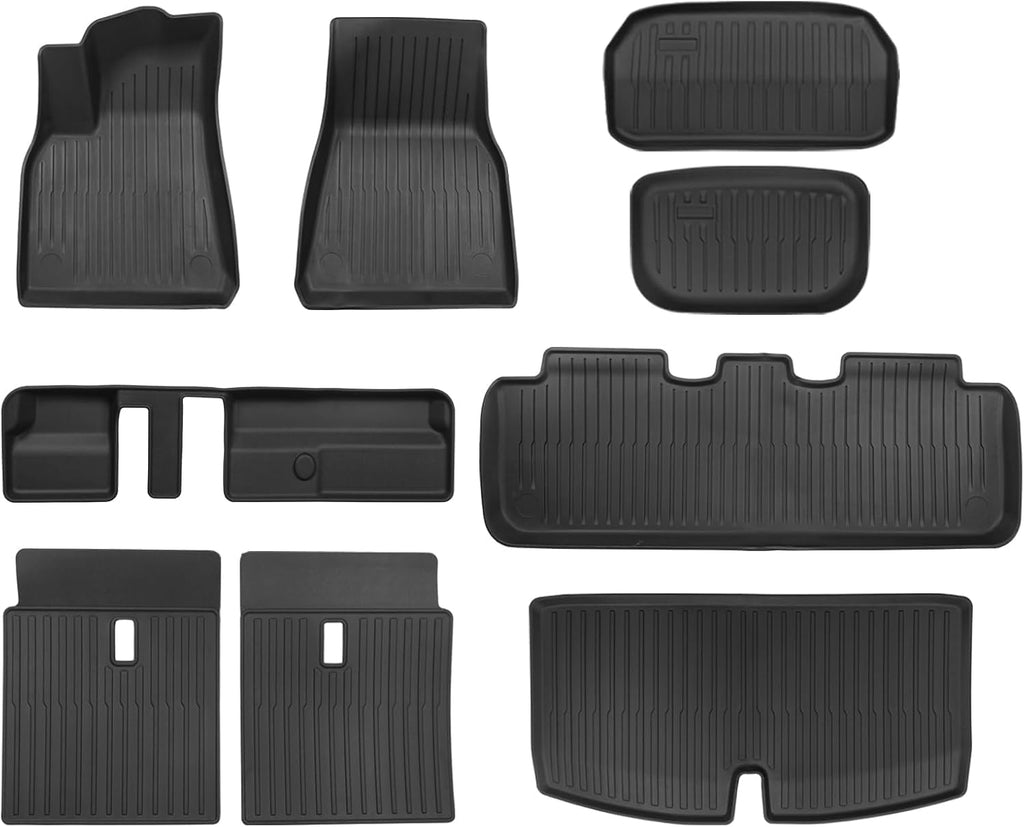 Big RED Floor Mats for Tesla Model Y 7-Seat,Fit for 2021 2022 2023 2024, 100% TPE All Weather Cargo Liner Trunk Accessories, Set of 9 Mats (Not Fit 5-Seat)