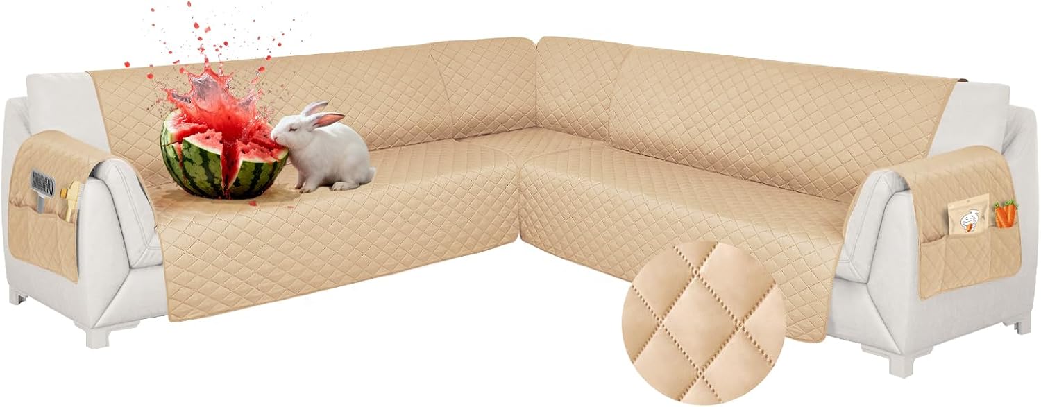 Waterproof Sectional Couch Covers L Shape Sectional Sofa Covers for Pets Washable Non-Slip 6PCS U Shaped Sofa Slipcovers Dog Couch Cover Corner Furniture Protector (XX-Large, Apricot)