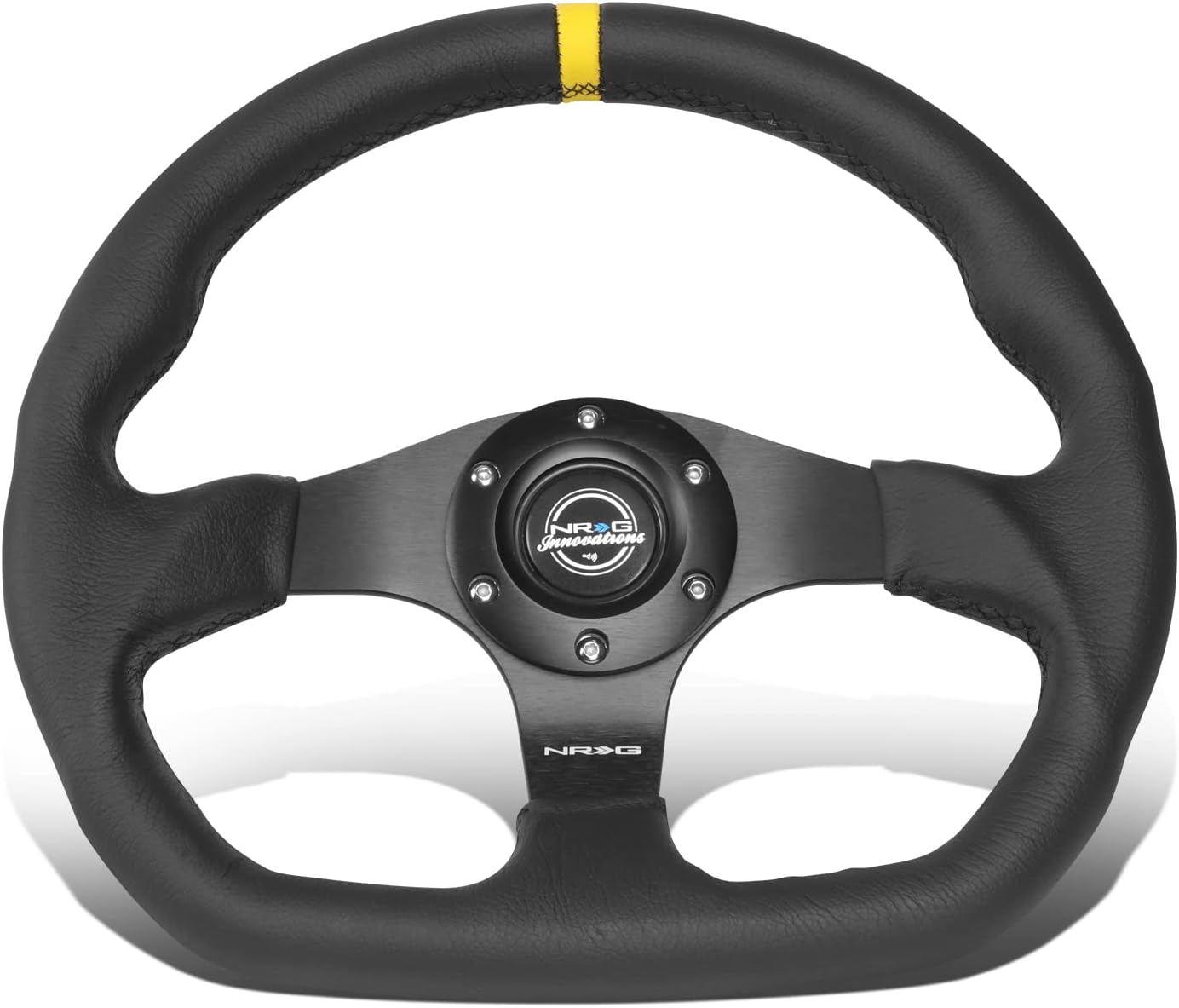 NRG Innovations NRG-RST-024MB-R-Y Reinforced Steering Wheel - 320mm Sport Leather Flat Bottom with Yellow Center Mark