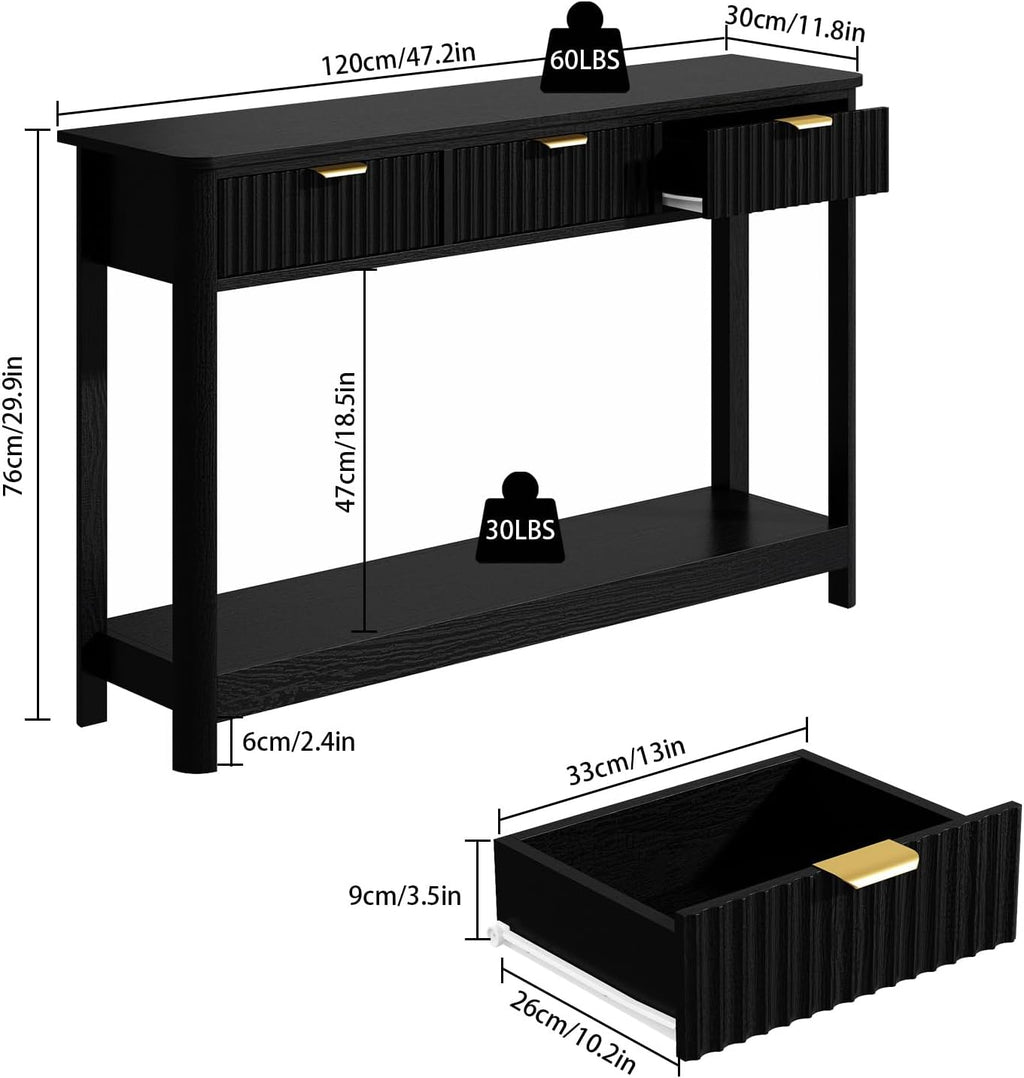 RUSTOWN Fluted Wood Console Table with 3 Drawers, Boho Narrow Behind Couch Entryway Table with Open Storage Shelf, Modern Sofa Table for Living Room, Foyer and Hallway (Black)
