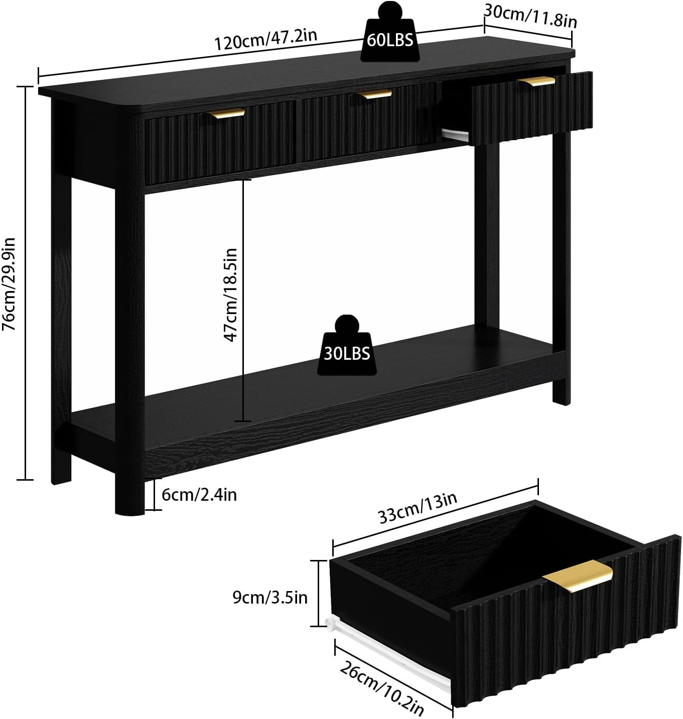 RUSTOWN Fluted Wood Console Table with 3 Drawers, Boho Narrow Behind Couch Entryway Table with Open Storage Shelf, Modern Sofa Table for Living Room, Foyer and Hallway (Black)