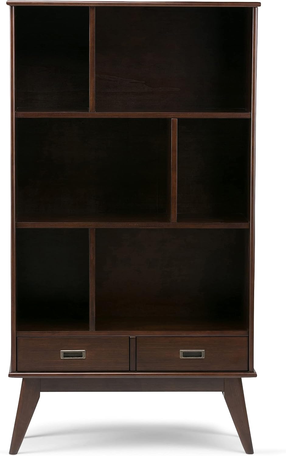 SIMPLIHOME Draper Bookcase - 64 inch Tall Solid Wood Wide Storage Bookshelf in Medium Auburn Brown, Mid-Century Modern Storage for Living Room or Office with Adjustable Shelves and Tapered Legs