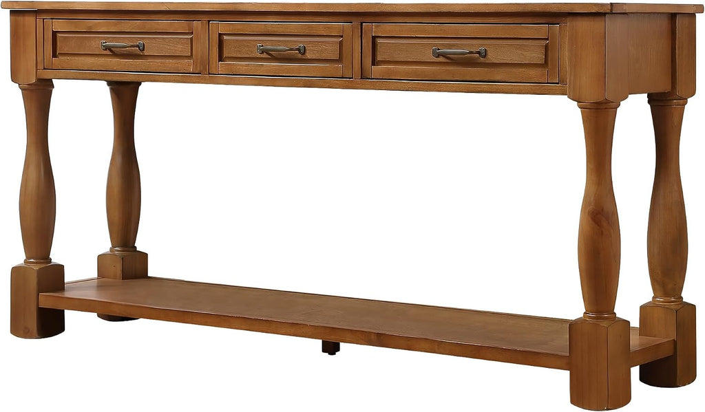 Merax Retro Entryway Table with 4 Drawers, Console Table with Open Storage Shelf for Entryway, Wood Side Table with Thick Legs for Living Room Bedroom, Brown