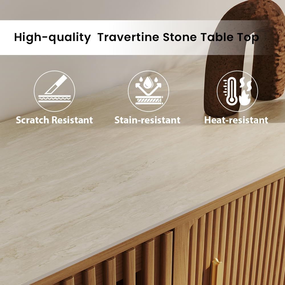 POVISON Fully-Assembled Sliding Tambour Door TV Stand, Mid Century Modern Sintered Stone TV Console, Wood Media Console for 70 Inch TV, Entertainment Center with Storage Cabinet(Walnut, 70.87')