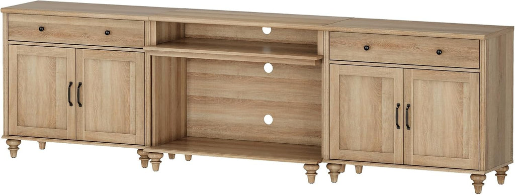 WAMPAT Farmhouse TV Stand for TVs up to 100'', Home Entertainment Center with 8 Storages for 75/80/85/90 inch TV, Large TV Console Table for Living Room, Bedroom, Oak