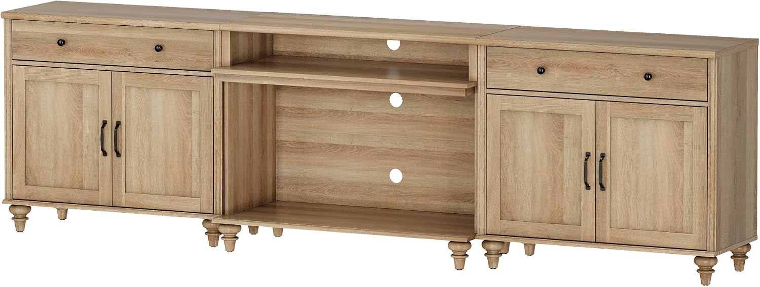 WAMPAT Farmhouse TV Stand for TVs up to 100'', Home Entertainment Center with 8 Storages for 75/80/85/90 inch TV, Large TV Console Table for Living Room, Bedroom, Oak