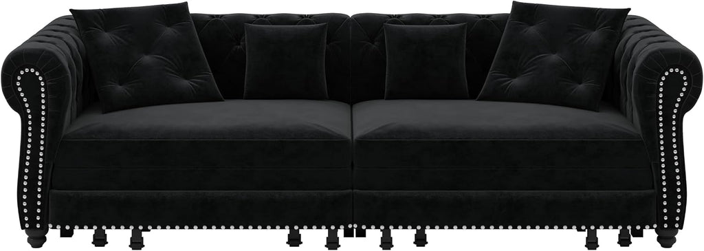 Ball & Cast 3-in-1 Convertible Sofa Bed with Movable Ottoman, 89' Pull Out Couch Bed King Size, Velvet 3 Seater Sleeper Sofa with Nailhead Trim & Rolled Arm,Sofa Couches for Living Room,Black
