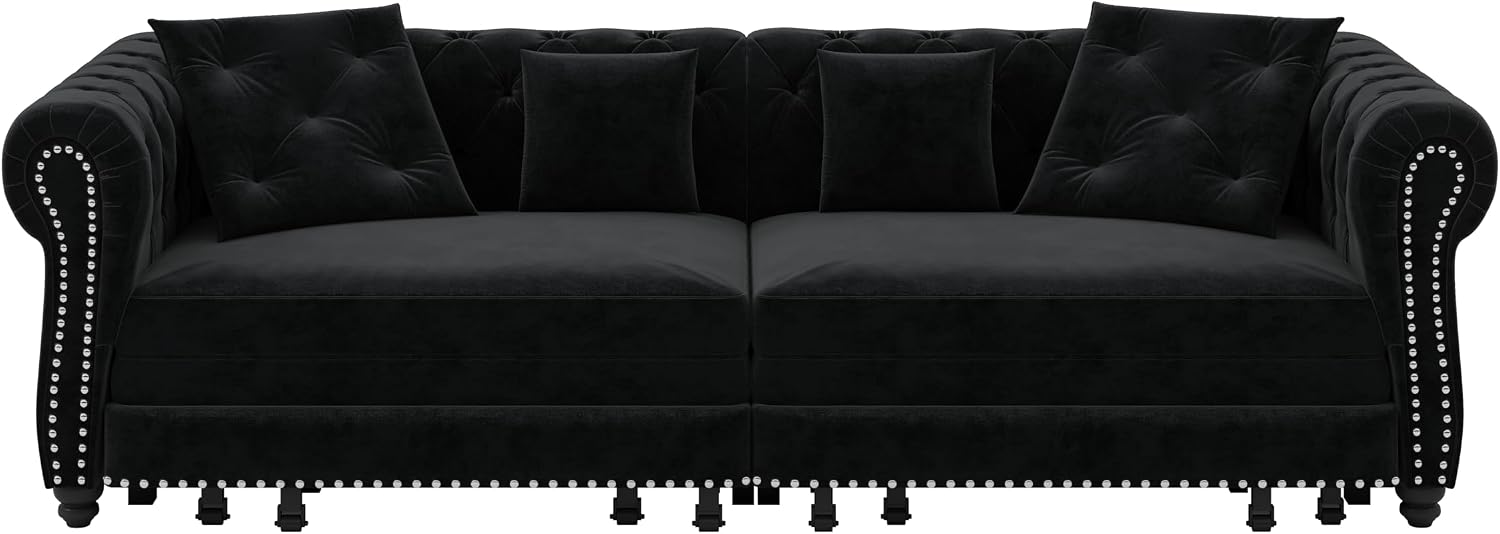 Ball & Cast 3-in-1 Convertible Sofa Bed with Movable Ottoman, 89' Pull Out Couch Bed King Size, Velvet 3 Seater Sleeper Sofa with Nailhead Trim & Rolled Arm,Sofa Couches for Living Room,Black