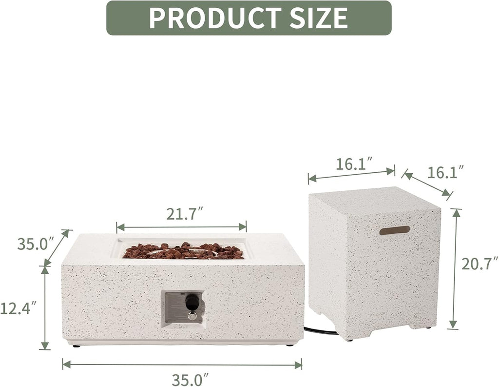 COSIEST 2-Piece Outdoor Propane Fire Pit Table Set w Tank, Beige Faux Stone 35 inch Square Fire Table w Certified, 50,000 BTU Stainless Steel Burner, w 20lb Hideway Tank Cover for Garden, Porch