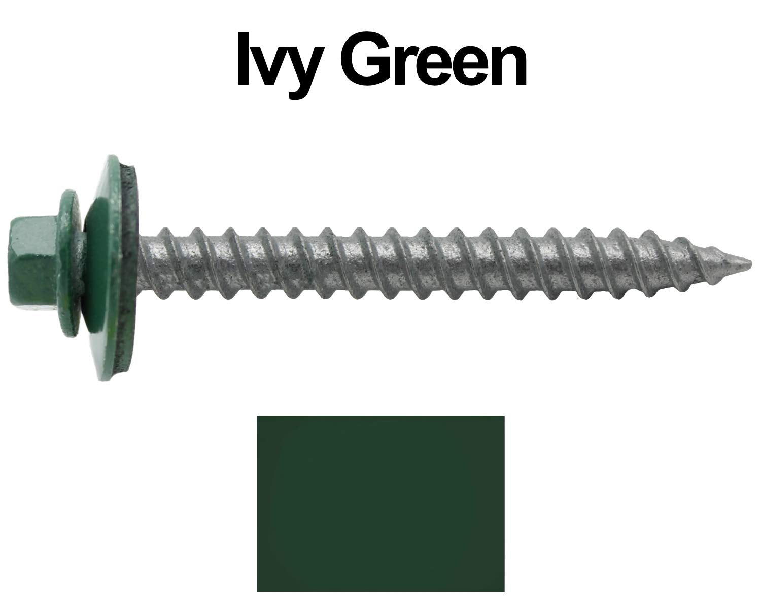 12 x 2 Ivy Green Metal Roofing Screws - Hex Washer Head- Self-Starting/Tapping - EPDM Washer. 4 X 250 Bags - 1,000 Screws