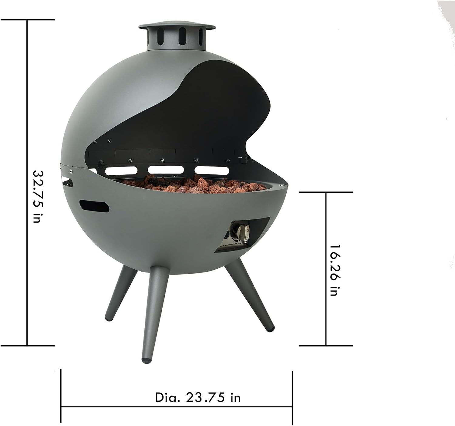 24-Inch Chimenea Outdoor Gas Fireplace, 55,000 BTU Propane Fire Pit with Lava Rocks and Rain Cover, Hemispherical 3-Legged Firepit, Gray