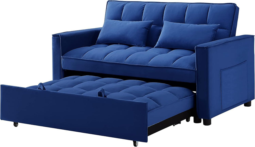 3-in-1 Pull Out Couch, 55.3'' Convertible Futon Sofa Bed, Velvet Sleeper Loveseat with Pillows, Pockets, Small Sofa Cama for Living Room, Apartment, Blue