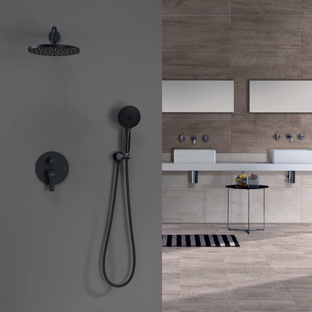 Iriber Shower System Wall Mounted Shower Faucet Mixer Set with Luxury High Pressure Shower head and 3-Setting Handheld, Bathroom Shower Trim Kit Contain Pressure Balance Valve, Matte black