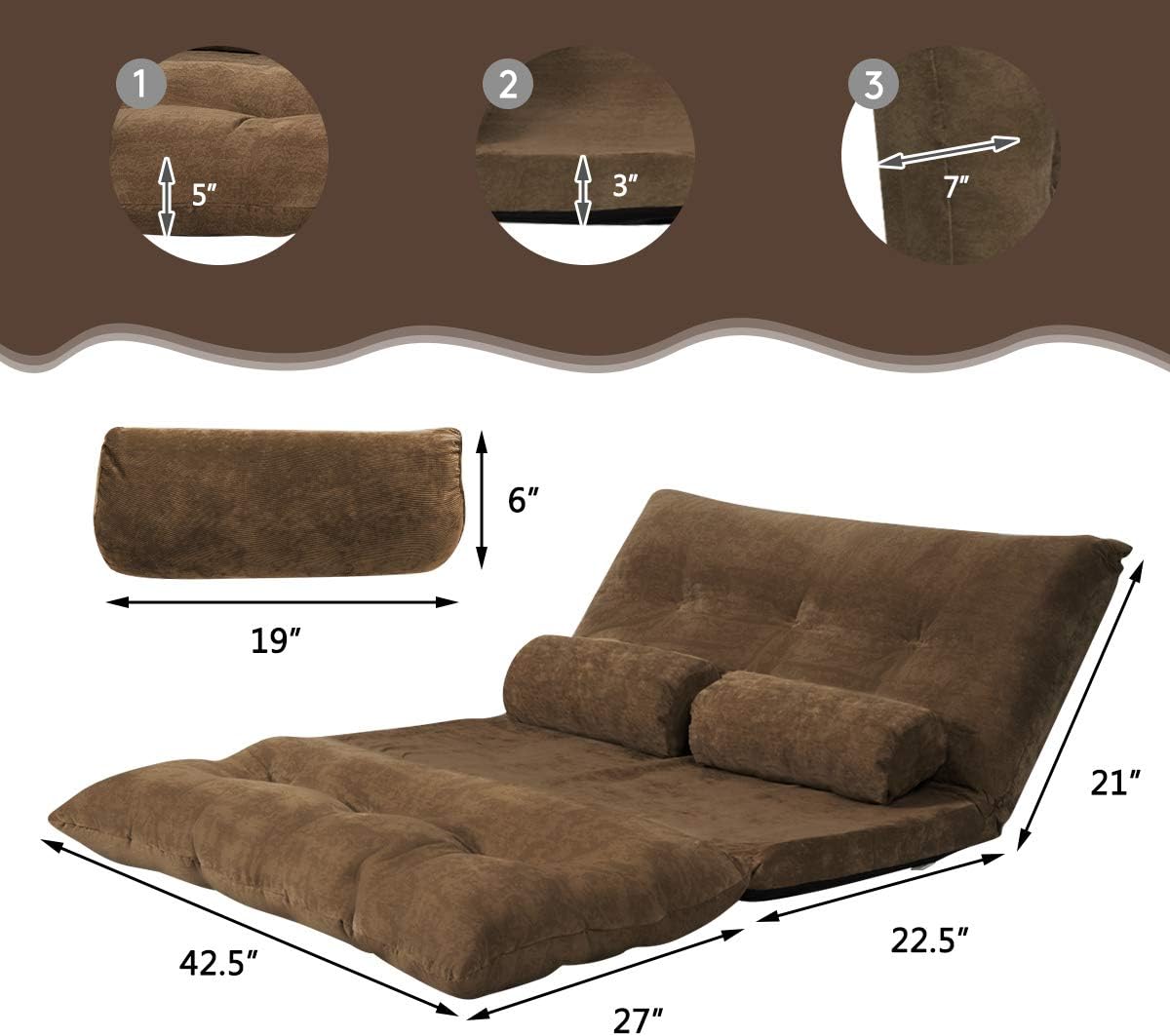 Giantex Adjustable Floor Sofa Couch with 2 Pillows, Multi-Functional 6-Position Foldable Lazy Sofa Sleeper Bed, Multi-Functional Suede Floor Seating Sofa for Reading Gaming (Coffee)