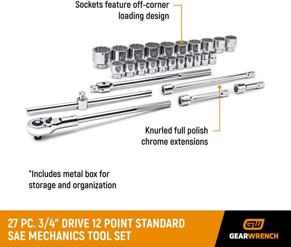 GEARWRENCH 27 Pc. 3/4' Drive 12 Pt. Standard Mechanics Tool Set, SAE - 80880