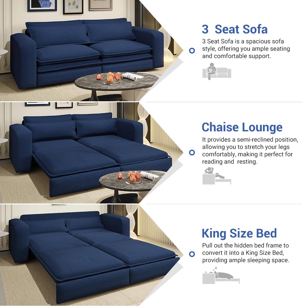 Eafurn 3 in 1 Convertible Pull Out Sleeper Sofa Couch Bed King Size,93' Oversized Recliner Loveseat Chaise Lounge Sofabed Daybed with Thickness Cushions for Living Room Office
