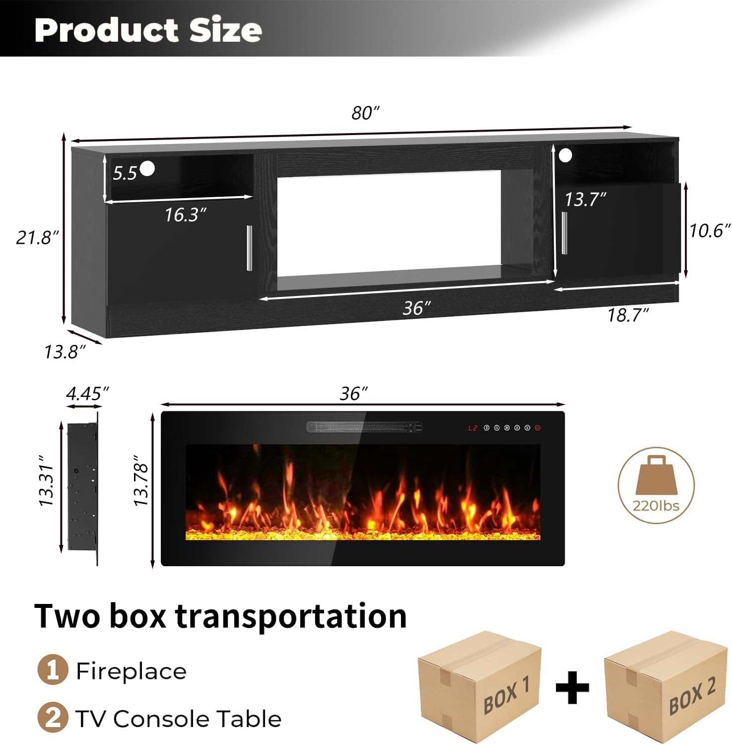 TV Stand with Fireplace, 36' Fireplace TV Stand Entertainment Center with Fireplace, 80 Inch Modern Electric Fireplaces TV Stands for Living Room, Black TV Stands with Fireplaces Up to 90' TV