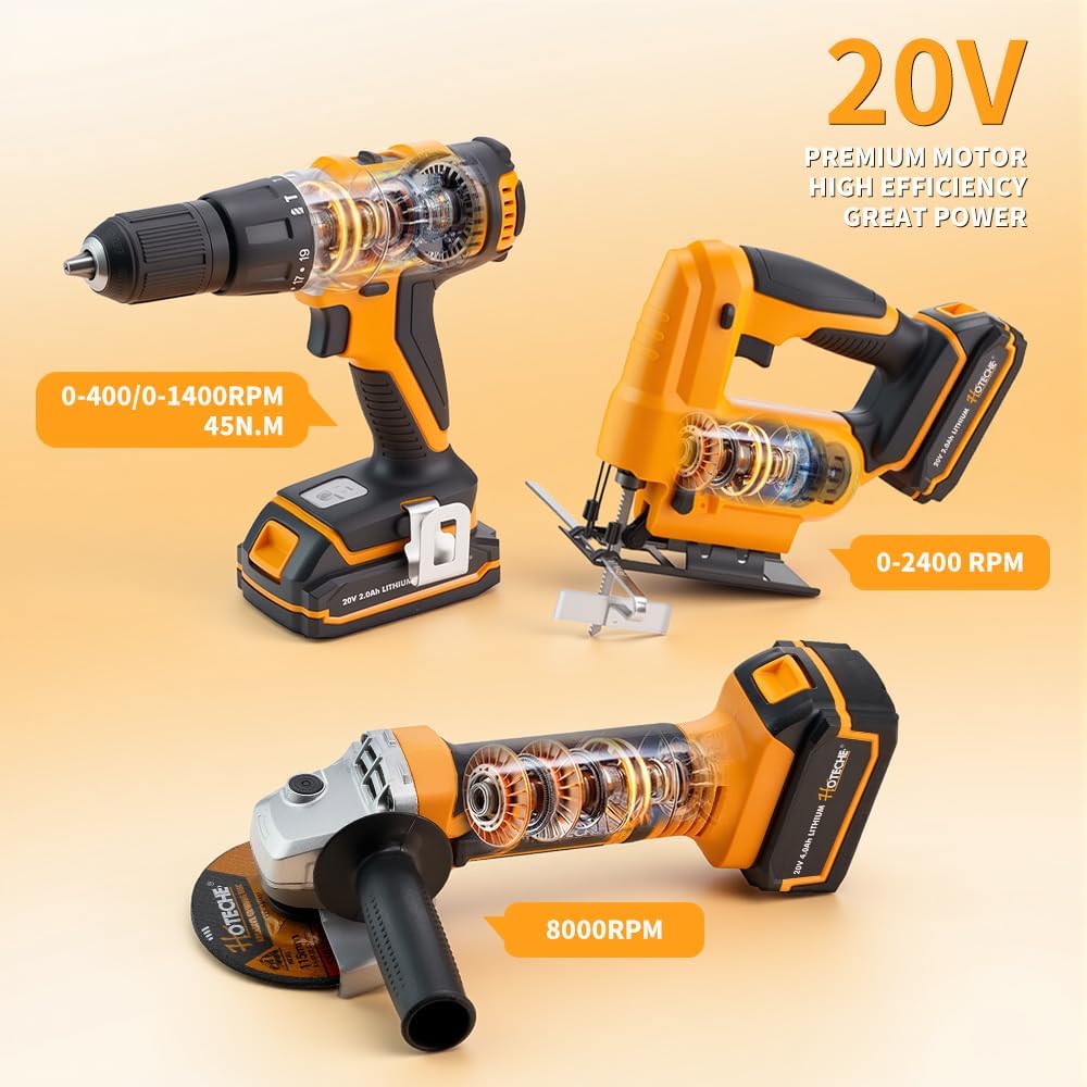 Hoteche 20V Cordless Power Tool Set - 3-in-1 Drill, Jig Saw, Angle Grinder with 2 Batteries (2.0Ah & 4.0Ah) & Fast Charger