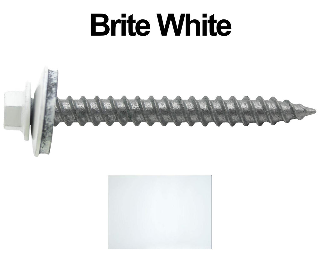 12 x 2 Brite White Metal Roofing Screws - Hex Washer Head- Self-Starting/Tapping - EPDM Washer. 4 X 250 Bags - 1,000 Screws
