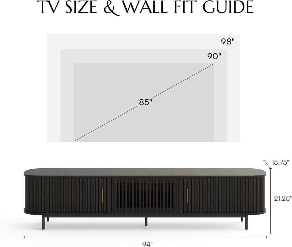 POVISON Fully-Assembled Mid Century Modern TV Stand for 75+ inch TV, Sliding Door Entertainment Center with Storage, Wood TV Console, Media Console for Living Room Bedroom(Black, 94.49')
