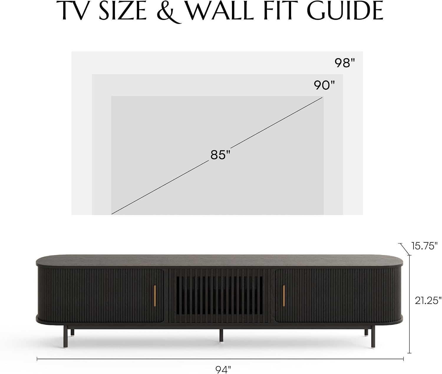 POVISON Fully-Assembled Mid Century Modern TV Stand for 75+ inch TV, Sliding Door Entertainment Center with Storage, Wood TV Console, Media Console for Living Room Bedroom(Black, 94.49')